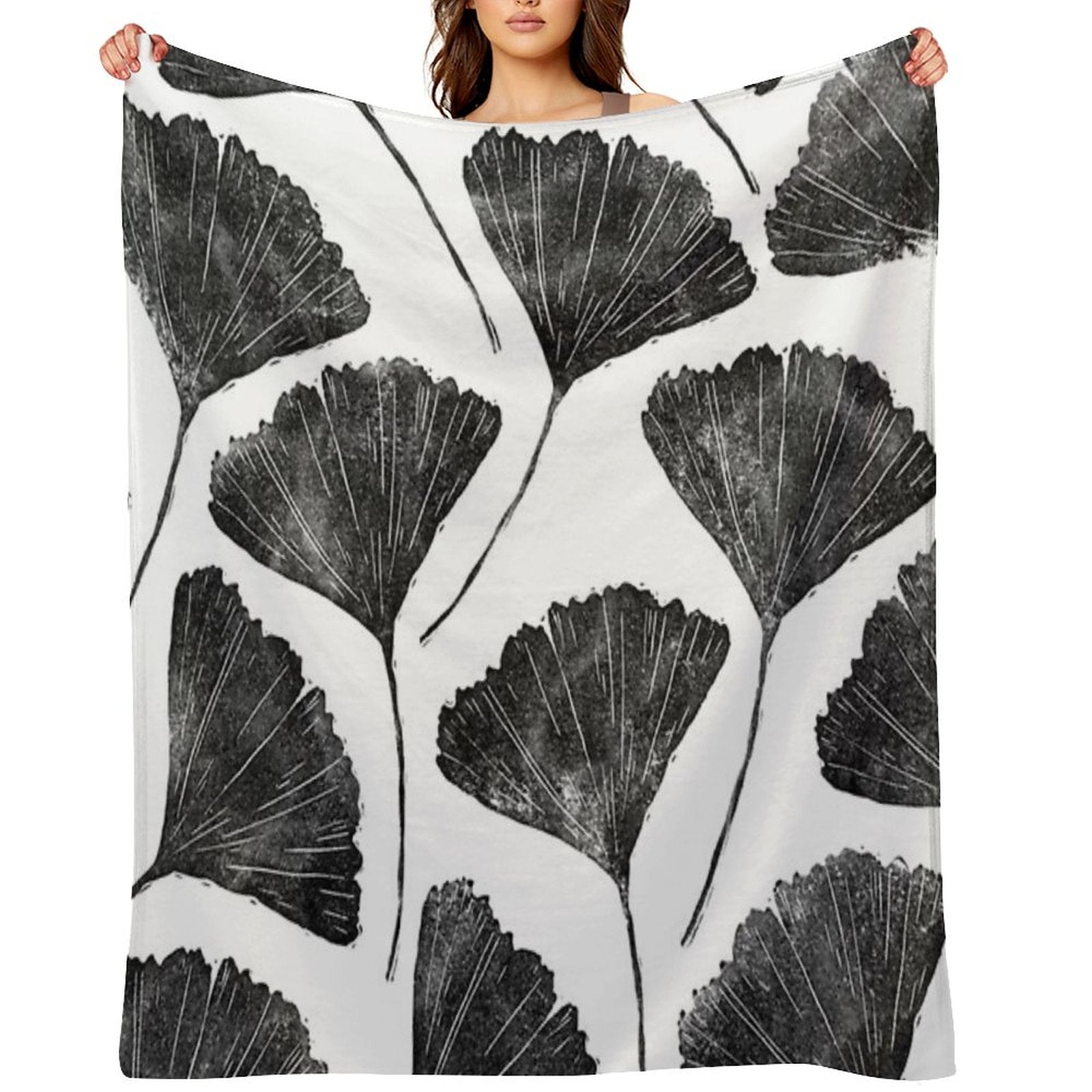 Ginkgo Biloba, Lino Cut Nature Inspired Leaf Pattern Throw Blanket