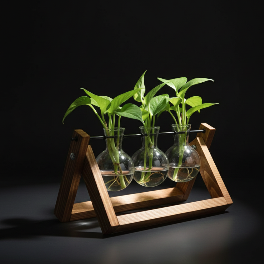 Hydroponic Glass Bulb Vase with Wooden Stand for Home Office Decor