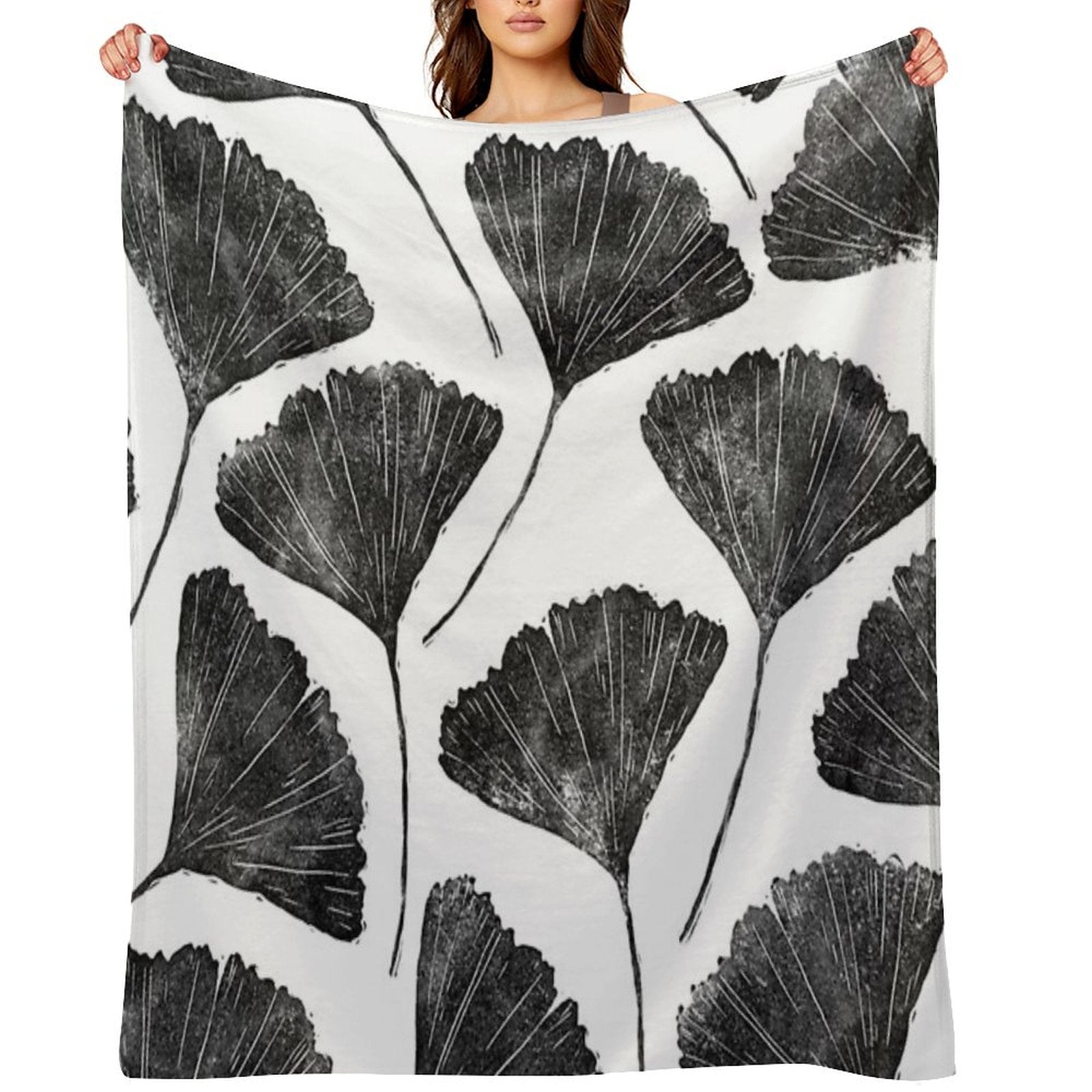 Ginkgo Biloba, Lino Cut Nature Inspired Leaf Pattern Throw Blanket