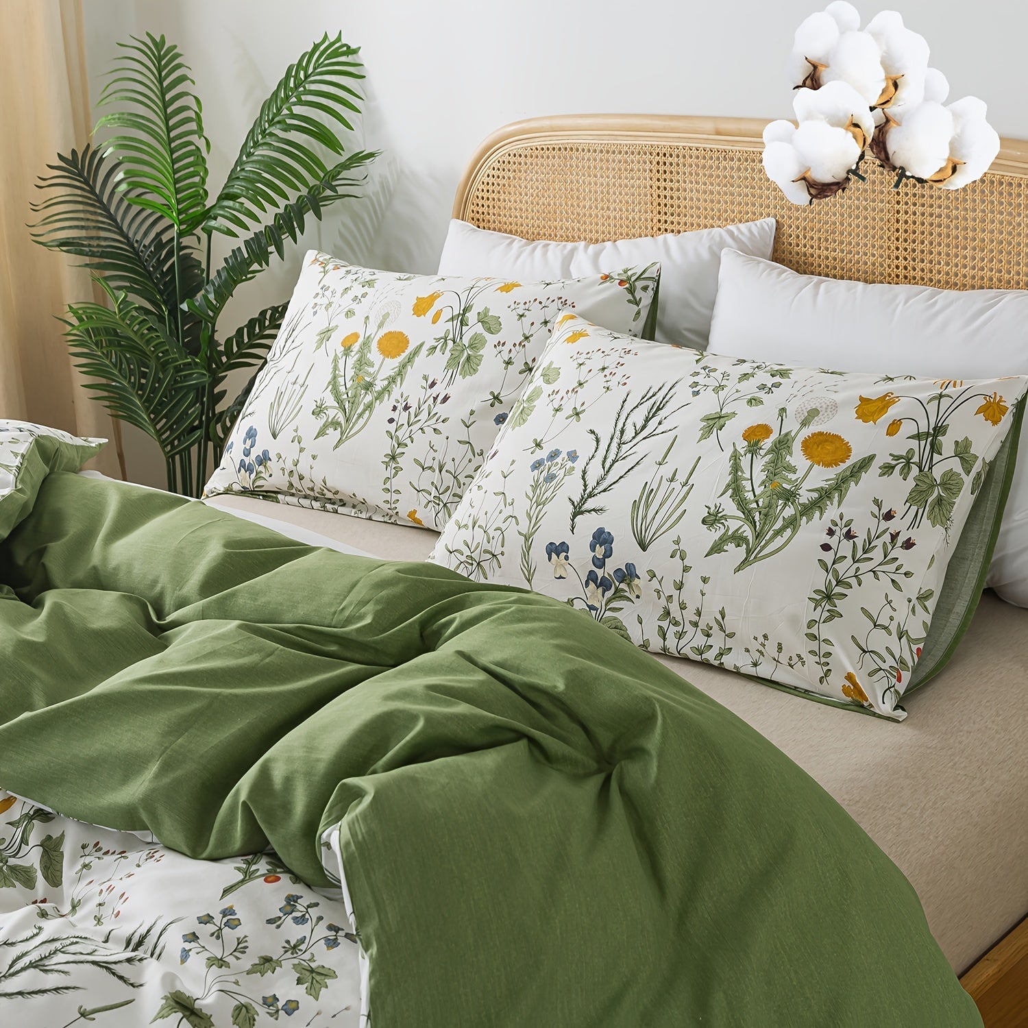 Percale Cotton Duvet Cover Set - 3-Piece Floral Botanical Bedding (Queen/King)