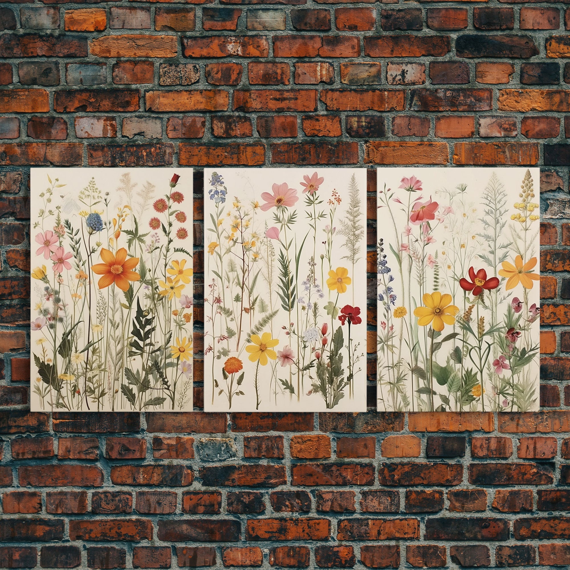Boho Framed Canvas Wall Art Set, 3 Piece Art, Watercolor Wildflowers Floral / Botanical Print, Minimalist Wall Art, Boho Decor, Colorful Art