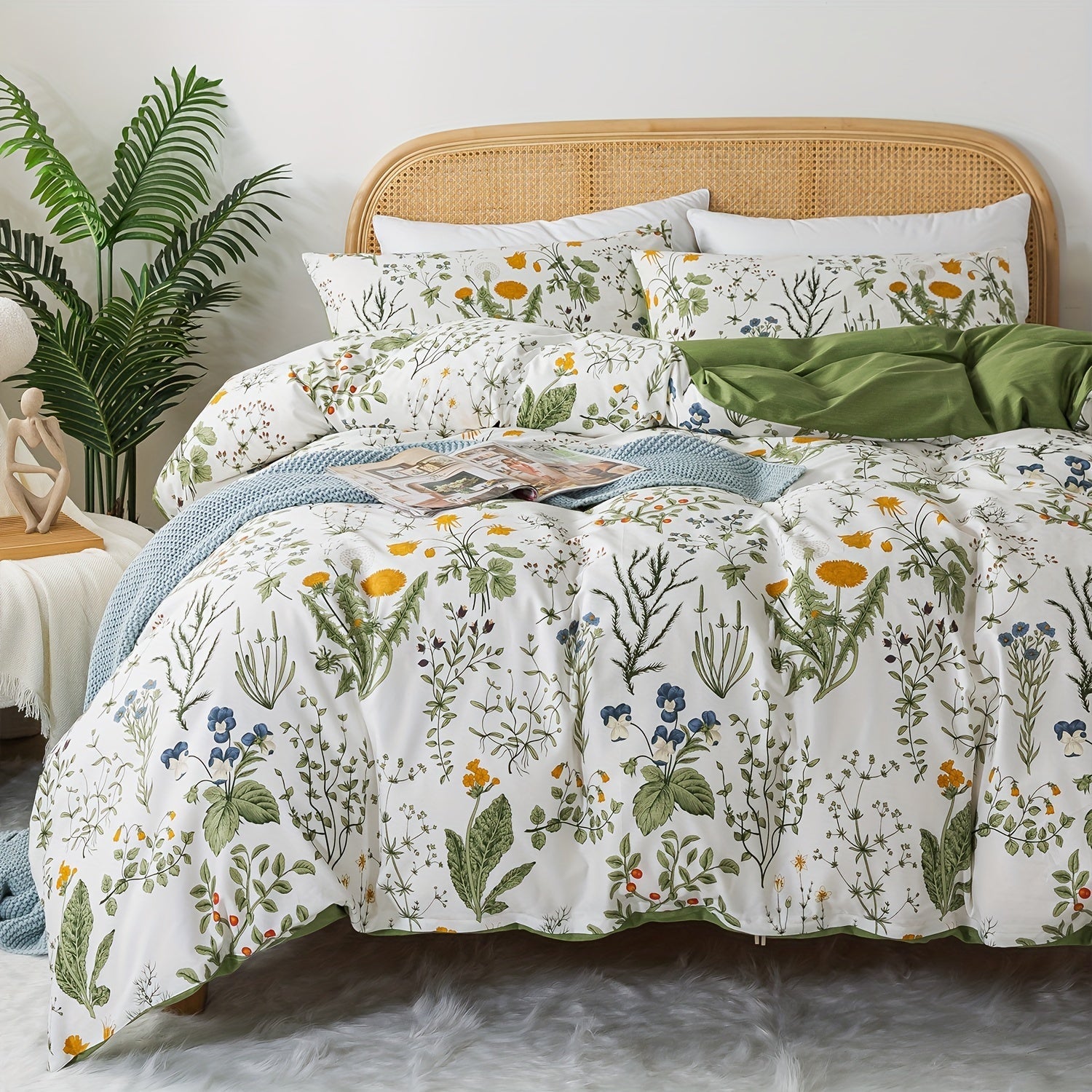 Percale Cotton Duvet Cover Set - 3-Piece Floral Botanical Bedding (Queen/King)