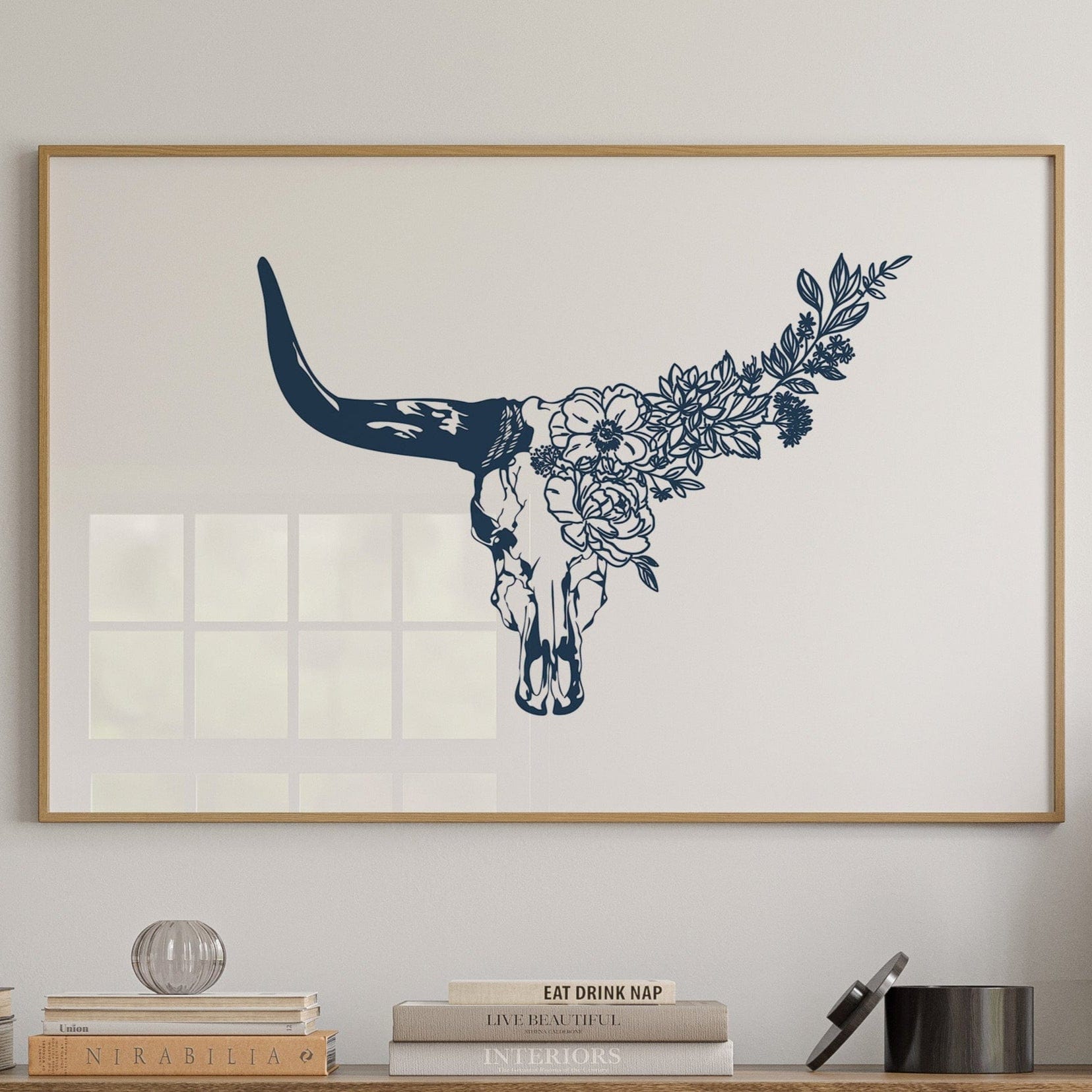 Floral Longhorn Skull Wall Art – Western Boho Cow Skull Print