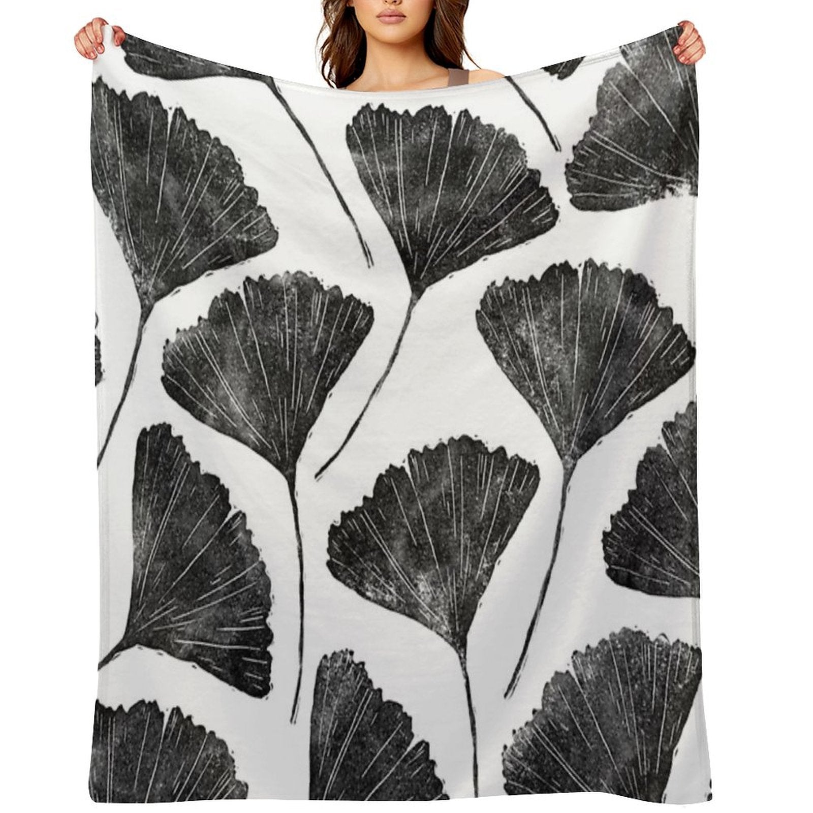 Ginkgo Biloba, Lino Cut Nature Inspired Leaf Pattern Throw Blanket