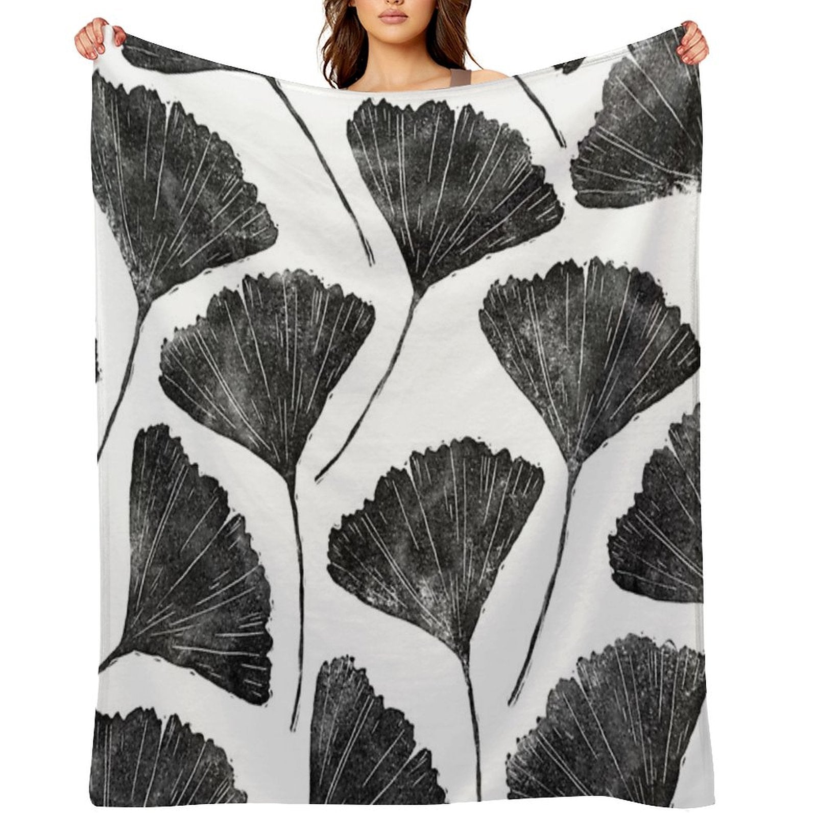 Ginkgo Biloba, Lino Cut Nature Inspired Leaf Pattern Throw Blanket