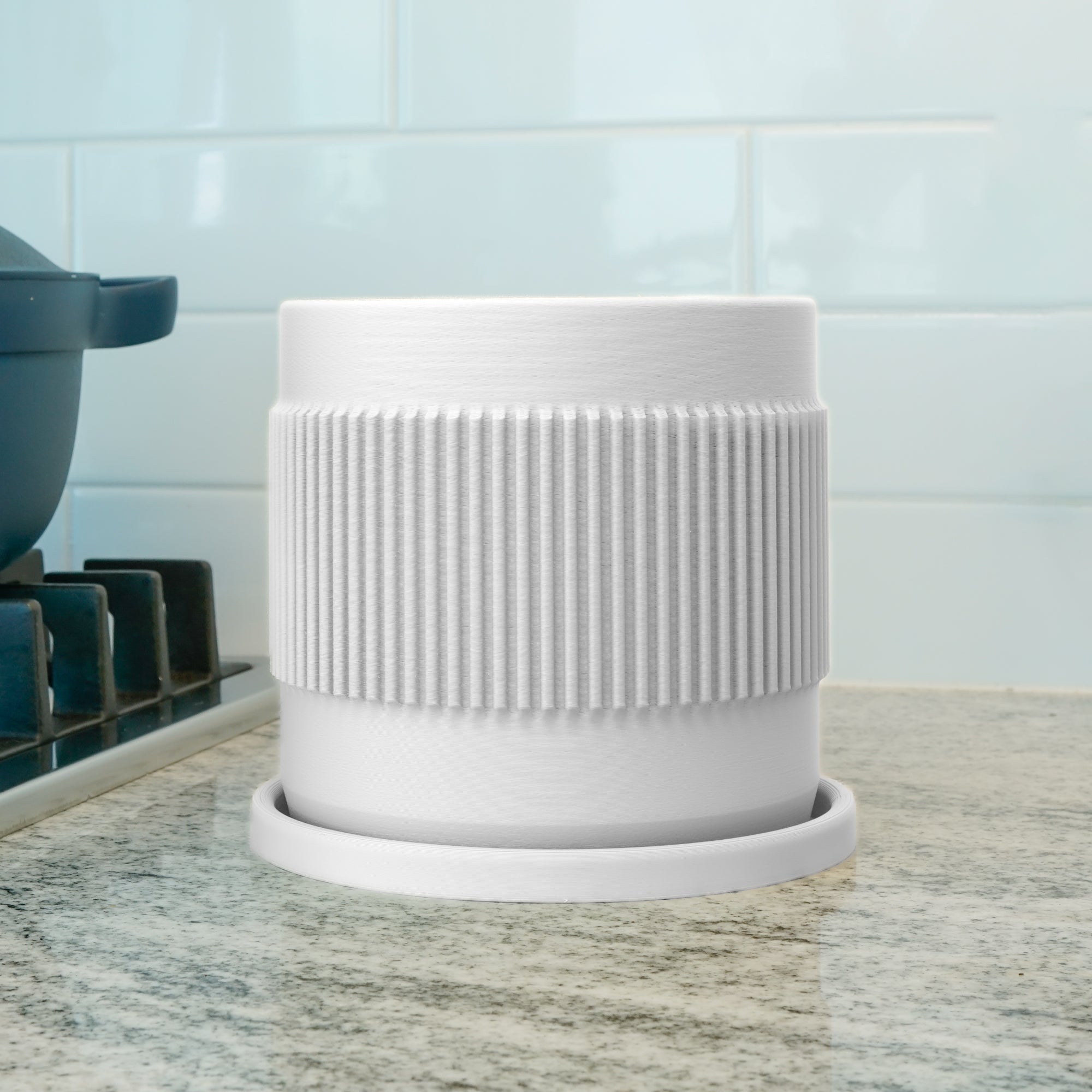 Half Mid-Century Ribbed Planter with Drainage and Saucer (Available in Multiple Colors & Sizes)