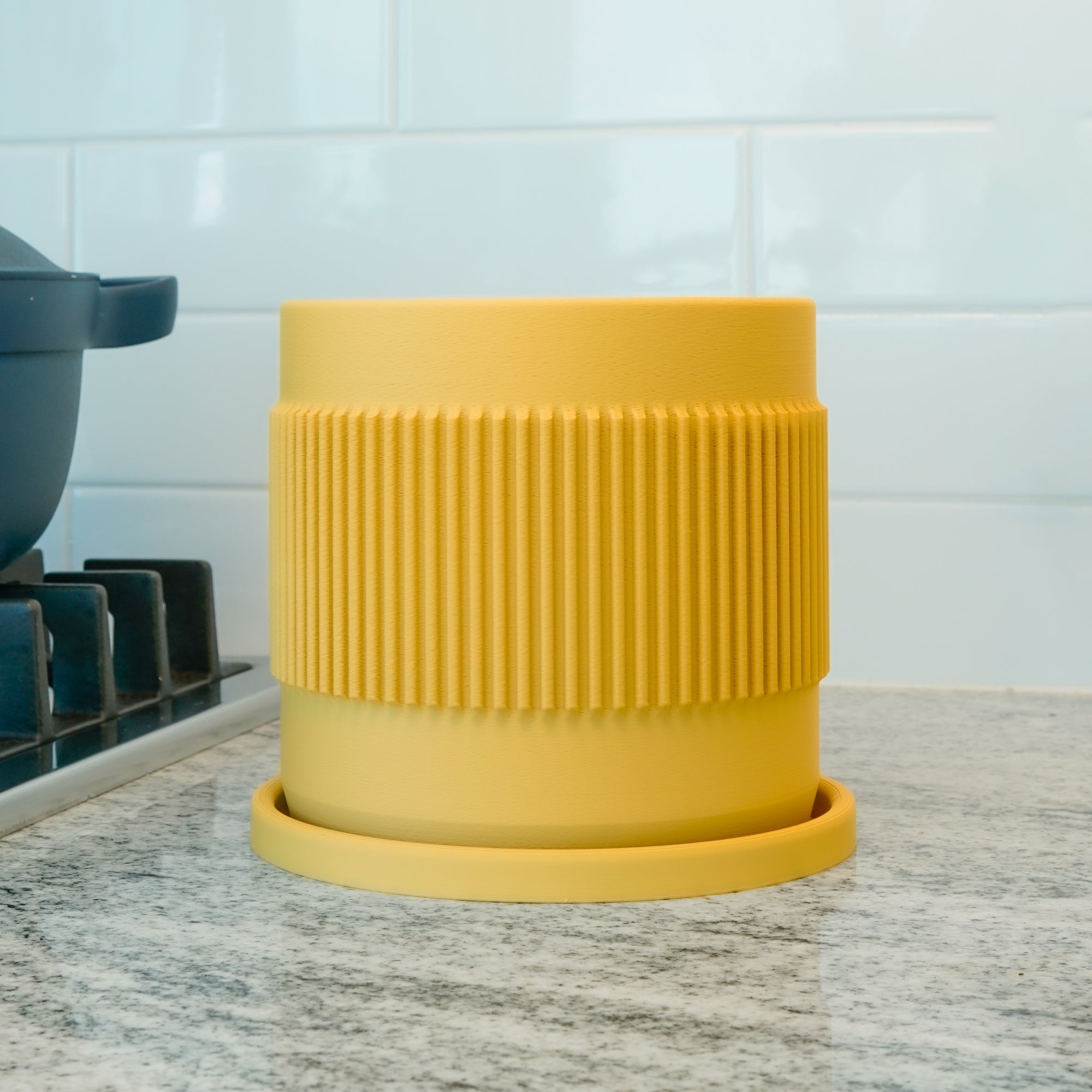 Half Mid-Century Ribbed Planter with Drainage and Saucer (Available in Multiple Colors & Sizes)