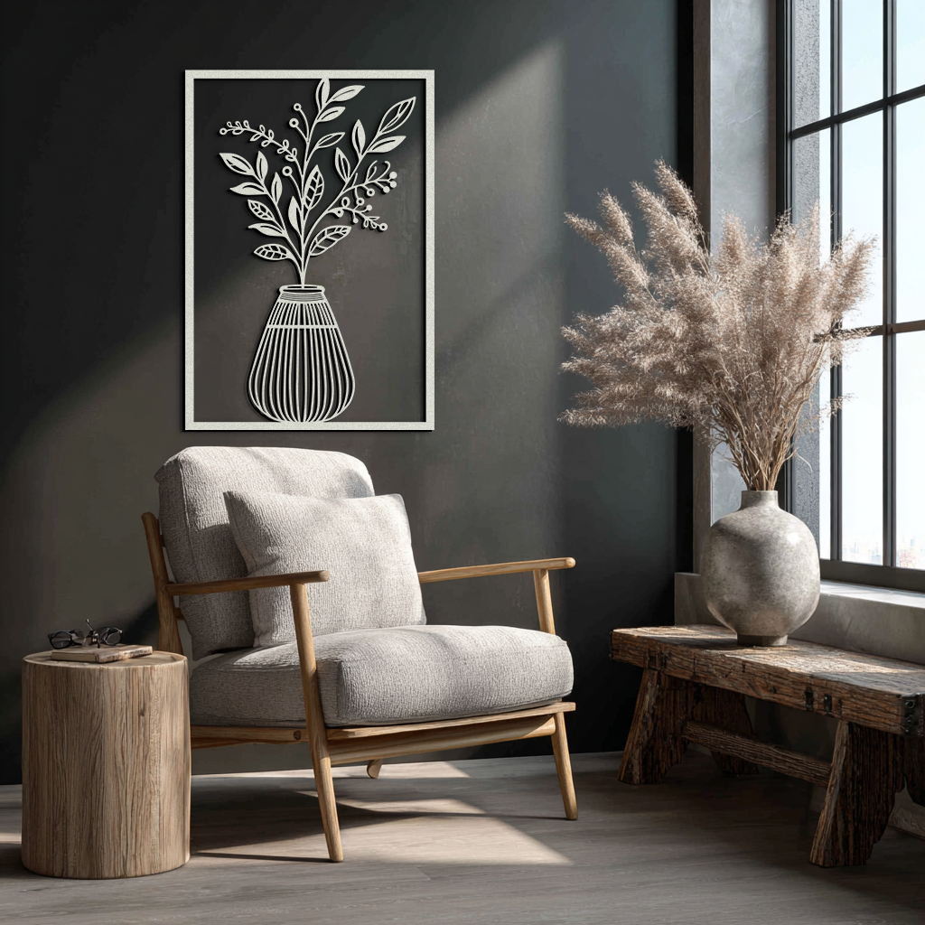 Botanical Vase Metal Wall Art – Elegant Plant Silhouette for Modern Nature-Inspired Decor- KAF357