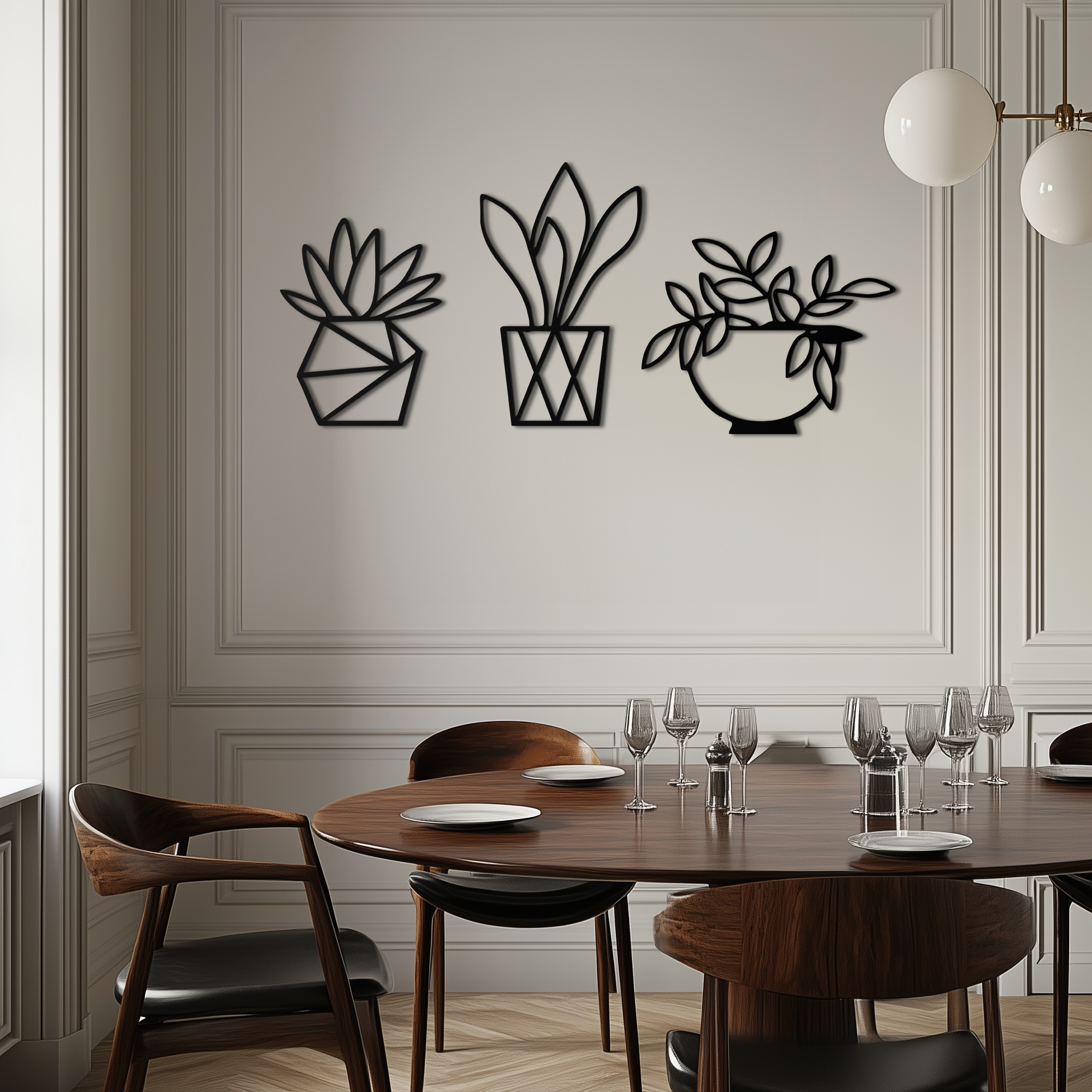 Geometric Plant Silhouette Metal Wall Art – Modern Black Botanical Home Decor- KAF519