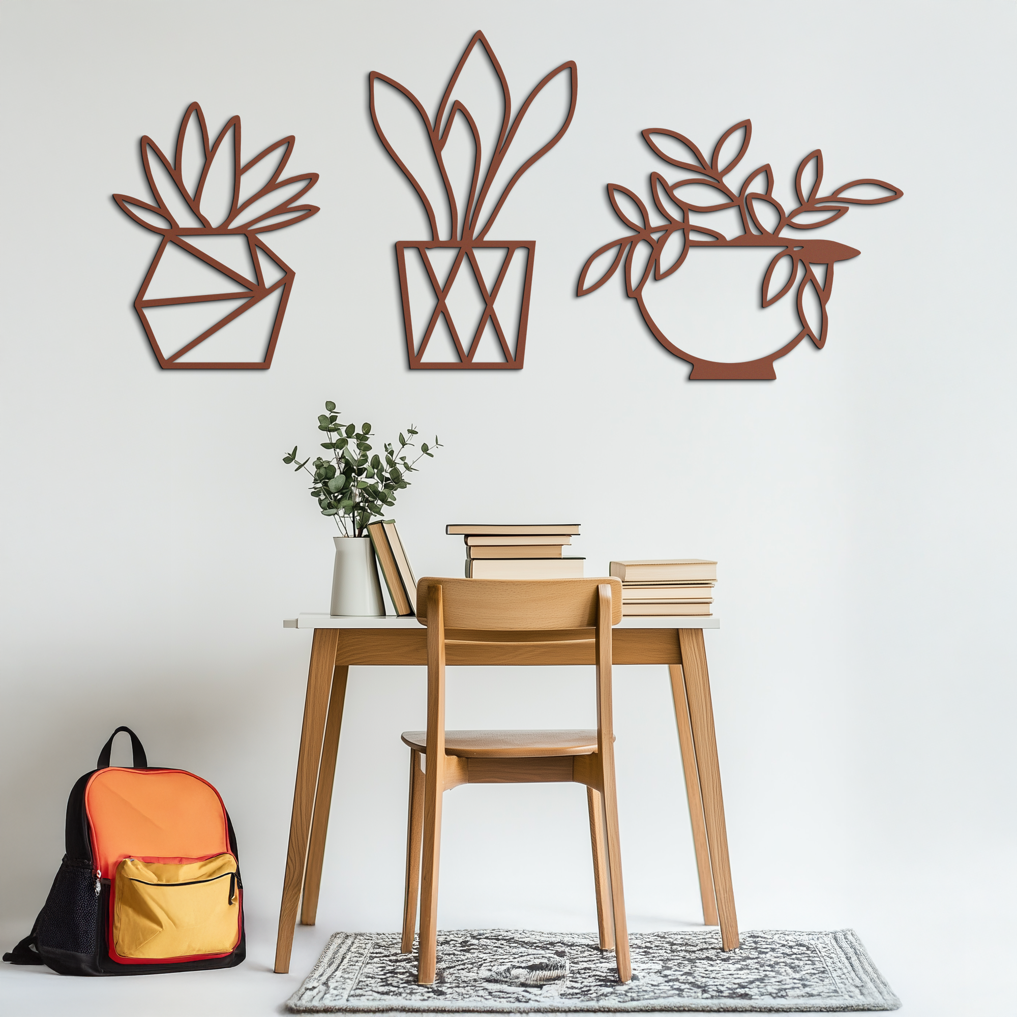 Geometric Plant Silhouette Metal Wall Art – Modern Black Botanical Home Decor- KAF519