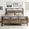 Queen Metal Wood Vintage Industrial Platform Bed Frame with Headboard Footboard