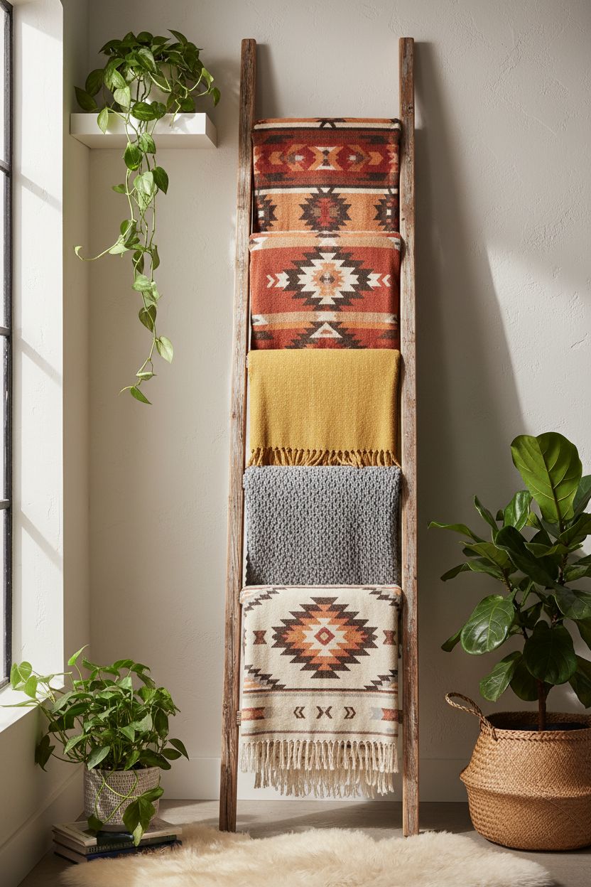 a blanket ladder with a few warm cozy blankets one or two with an aztech pattern