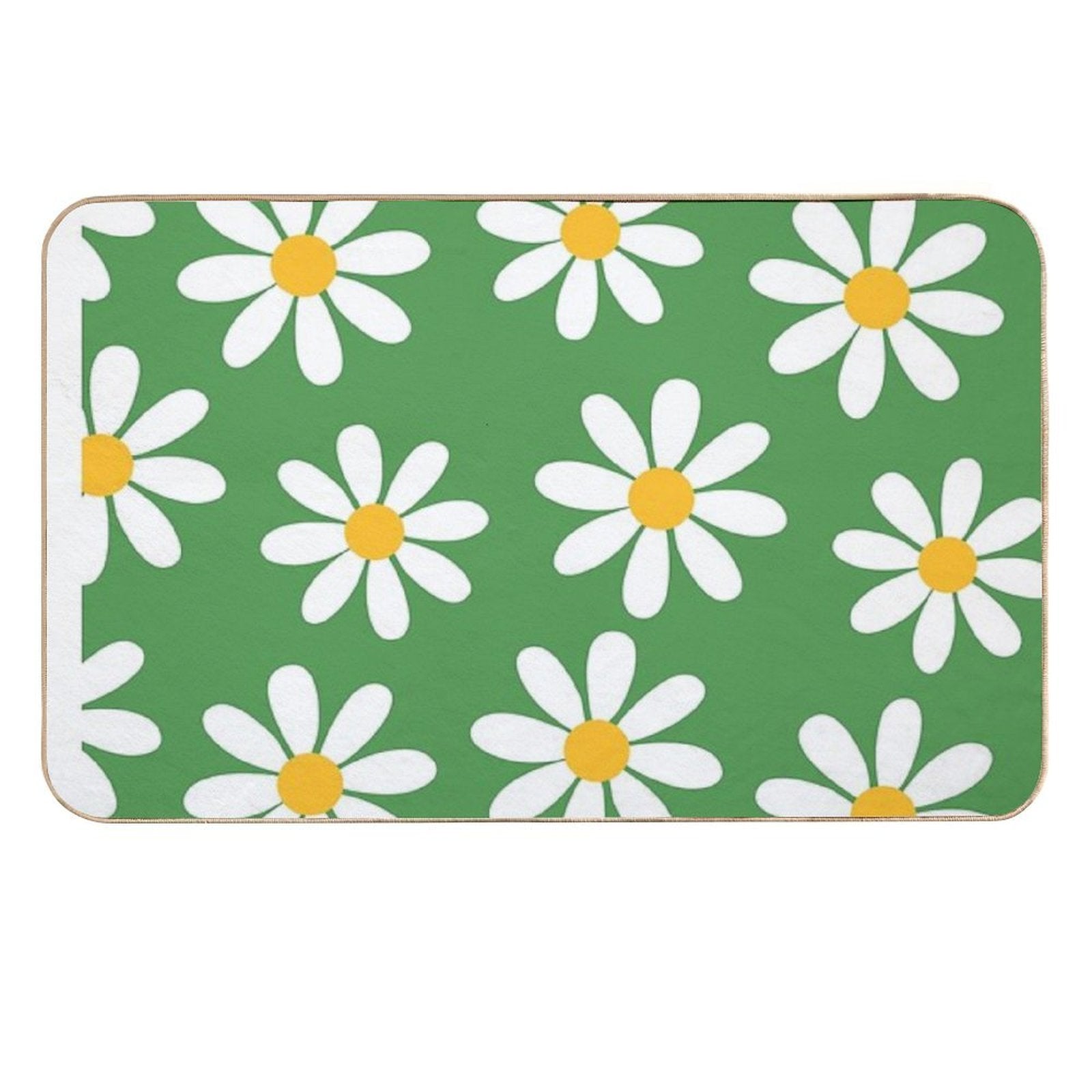 White Daisies on Vintage Green Seamless Pattern Print  Pet-Safe Bath Mat