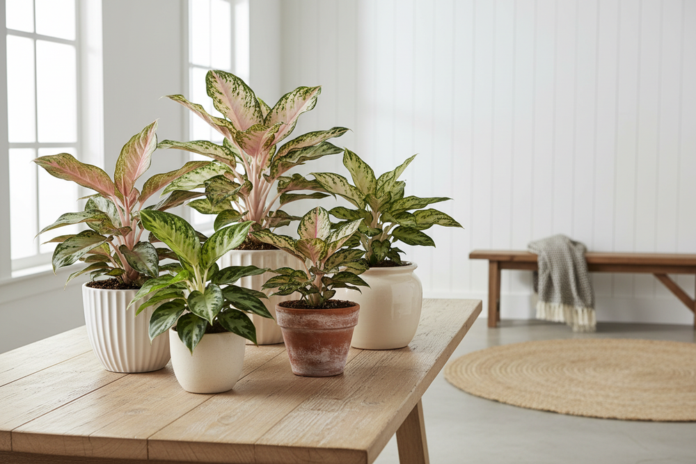 generate a photo of a variety of Aglaonema plants on a natural wood modern farm house table in. modern farm house planters in a modern  farm house setting. with the focus being on the plants 