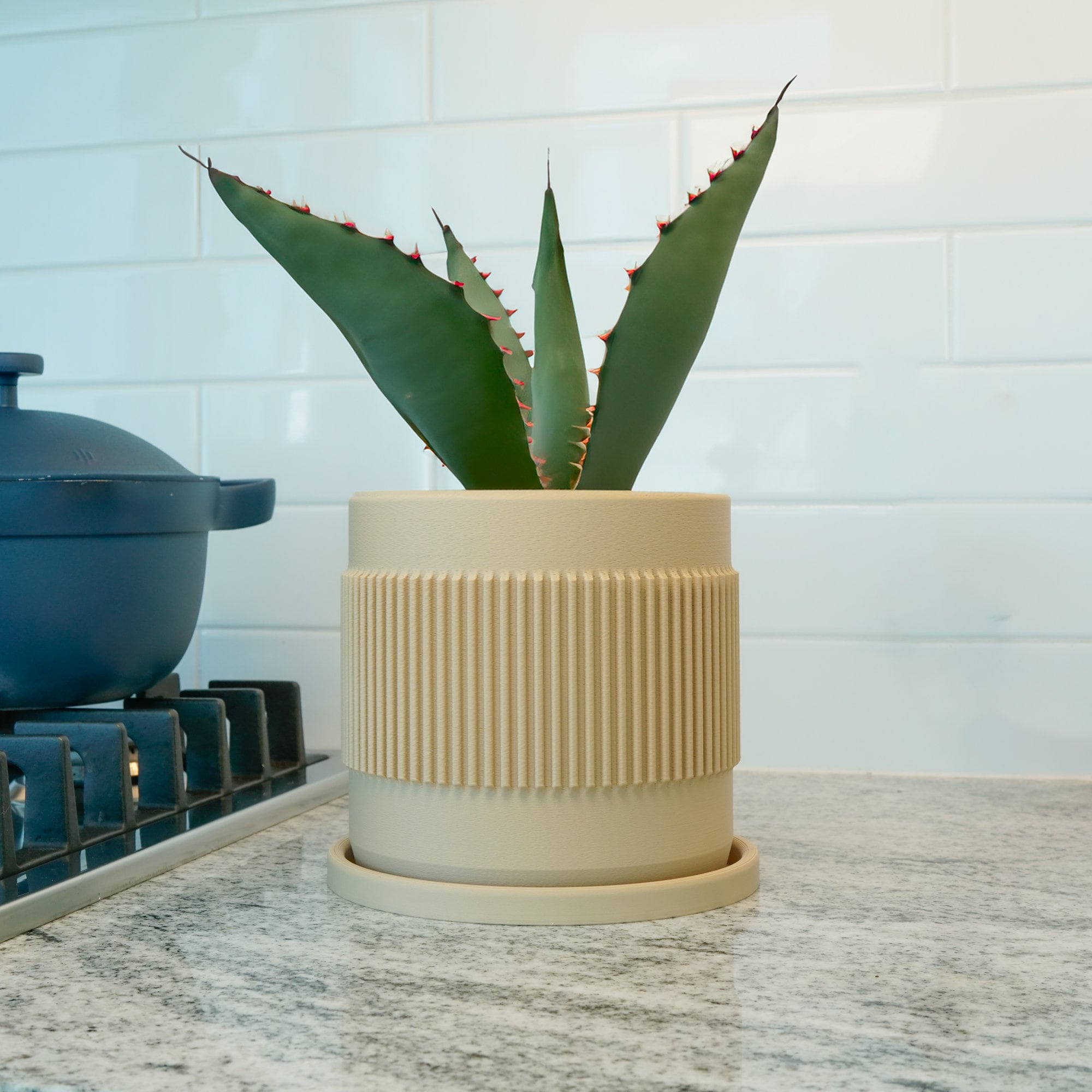 Half Mid-Century Ribbed Planter with Drainage and Saucer (Available in Multiple Colors & Sizes)