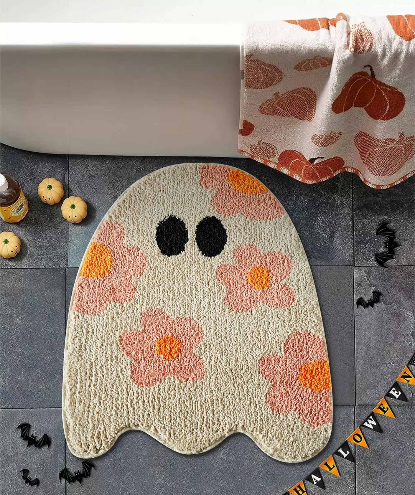 Ouyattle Halloween Ghost Bath Mat Non-Slip Washable Boho Floral Khaki
