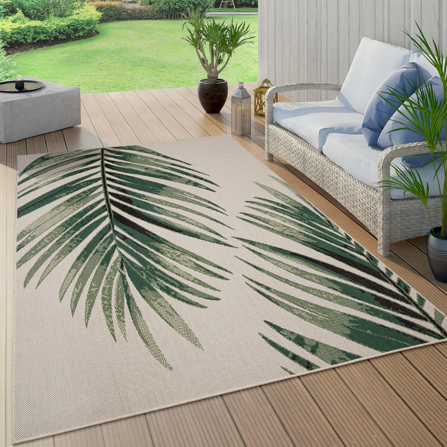 Waterproof Outdoor Rug Ostende Palm Leaf Design - Beige Green