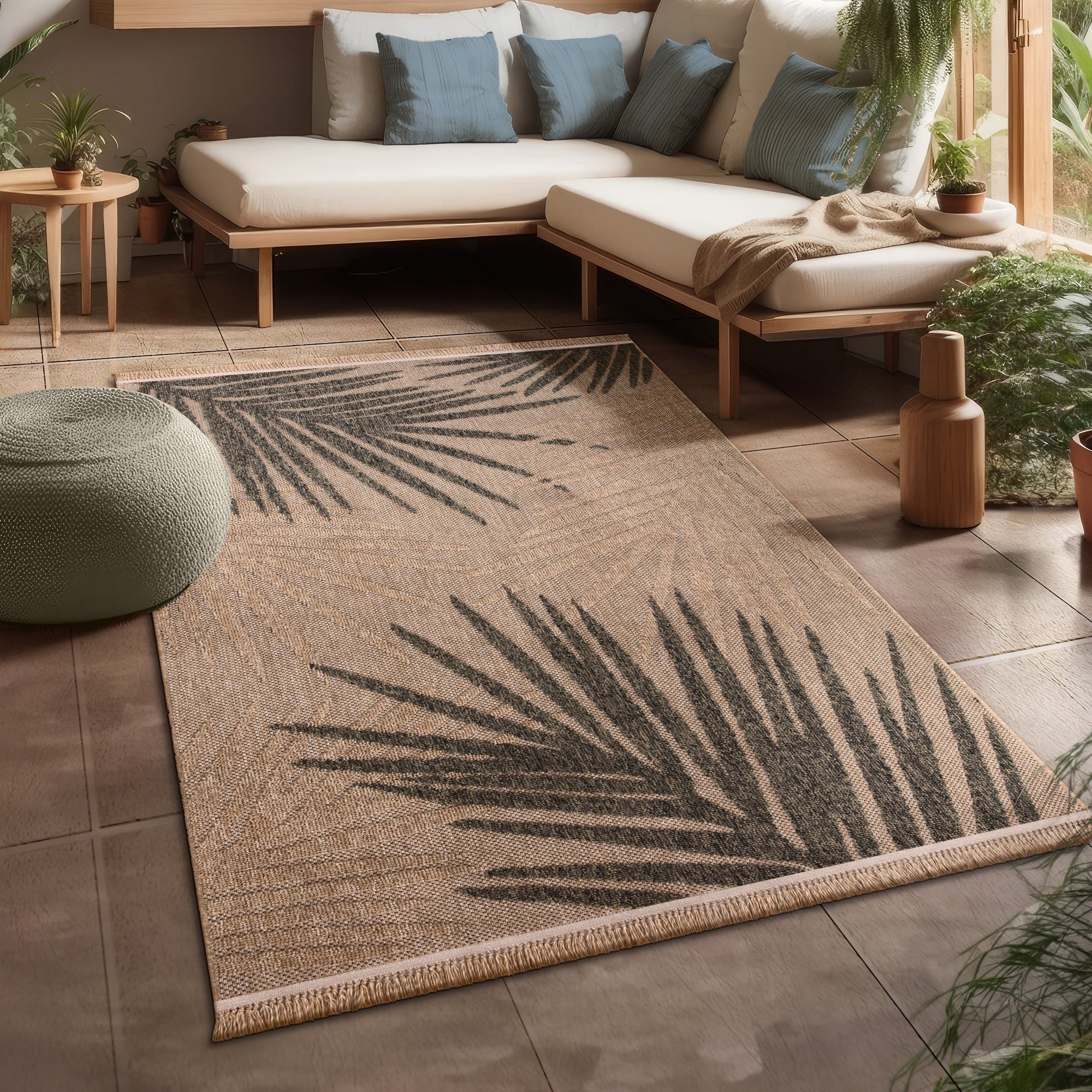 Indoor or Outdoor Rug Cologne with Modern Leaf Design in Beige
